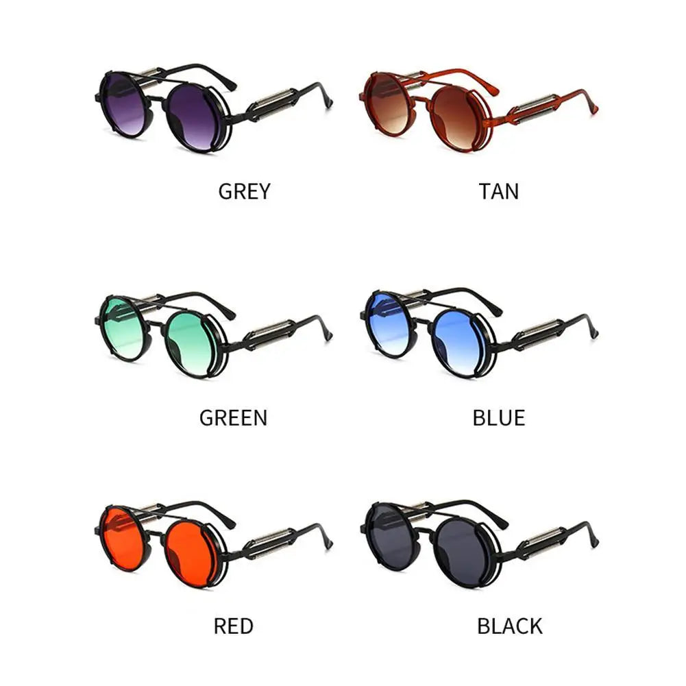 Retro Steampunk Sunglasses Vintage Style Inspired Gothic round Sunglasses Metal Circle Glasses for Women Men Double Spring Legs