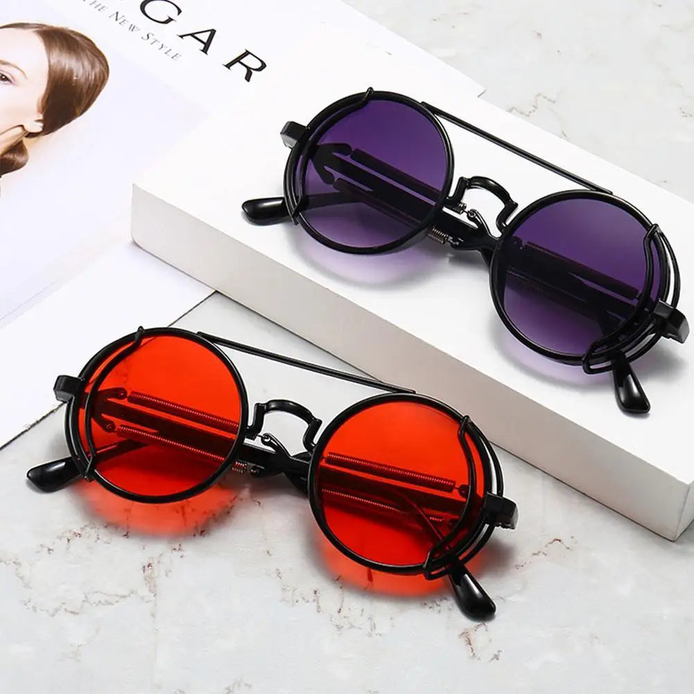 Retro Steampunk Sunglasses Vintage Style Inspired Gothic round Sunglasses Metal Circle Glasses for Women Men Double Spring Legs