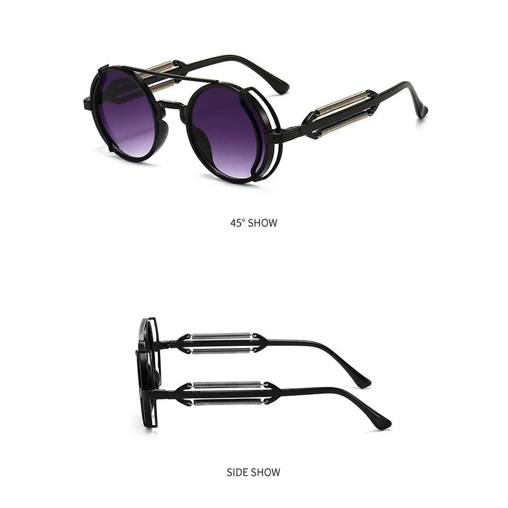 Retro Steampunk Sunglasses Vintage Style Inspired Gothic round Sunglasses Metal Circle Glasses for Women Men Double Spring Legs