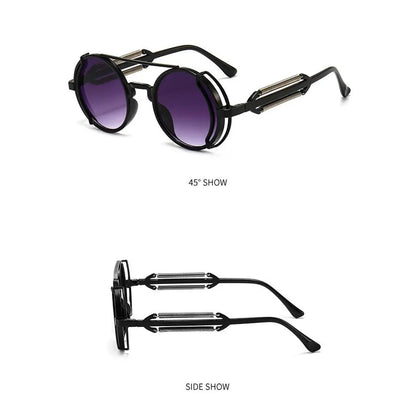 Retro Steampunk Sunglasses Vintage Style Inspired Gothic round Sunglasses Metal Circle Glasses for Women Men Double Spring Legs